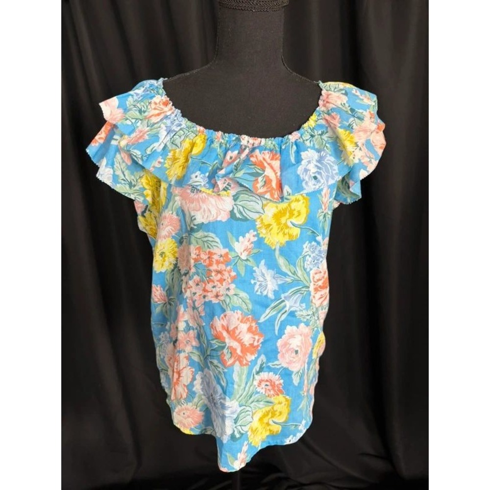 LOFT‎ Women's Small Blue Floral Ruffle Off Shoulder 100% Cotton Blouse Top